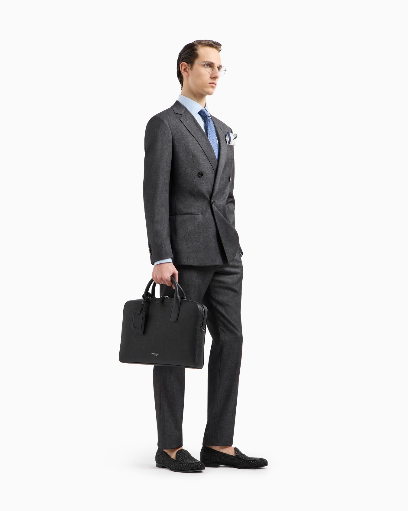 Soho line double-breasted denim-effect cashmere and stretch cotton suit Slide 1