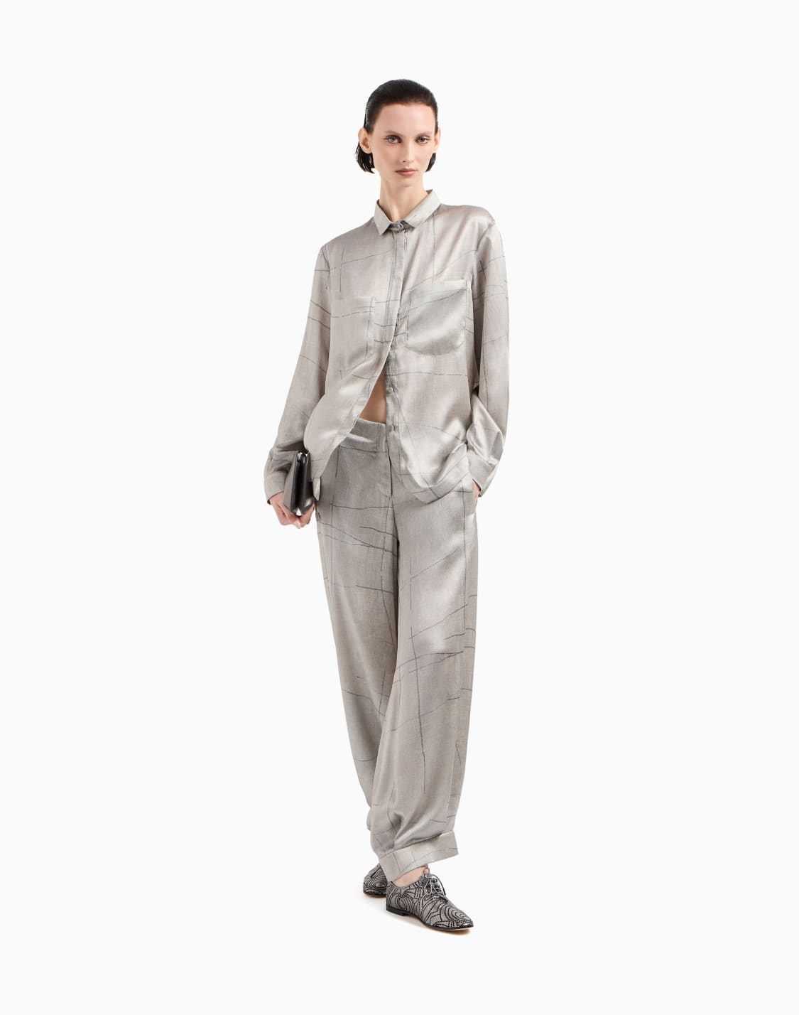 シャツ-シルクサテン-プリント-グレ--giorgio-armani